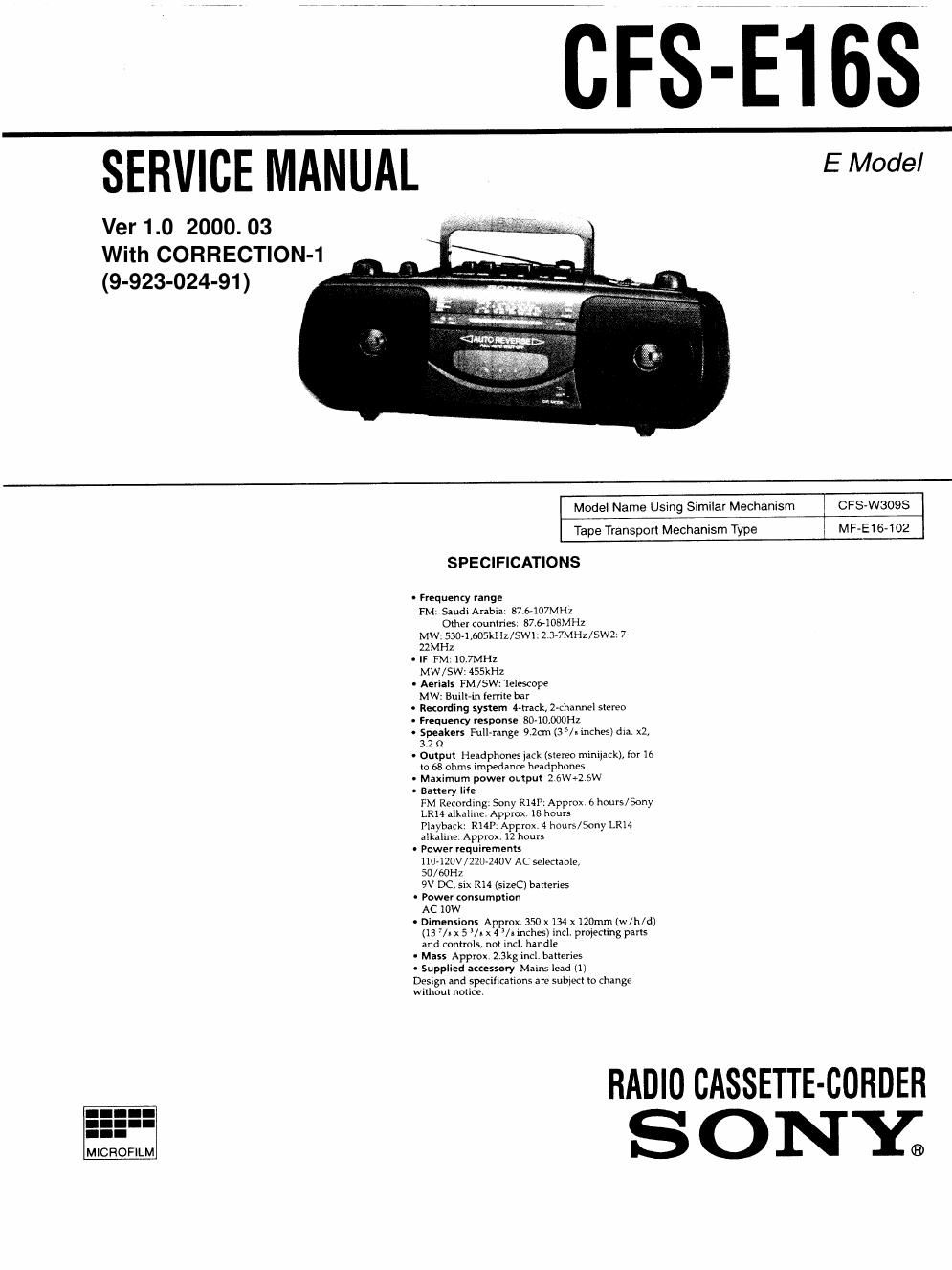 sony cfs e 16 s service manual