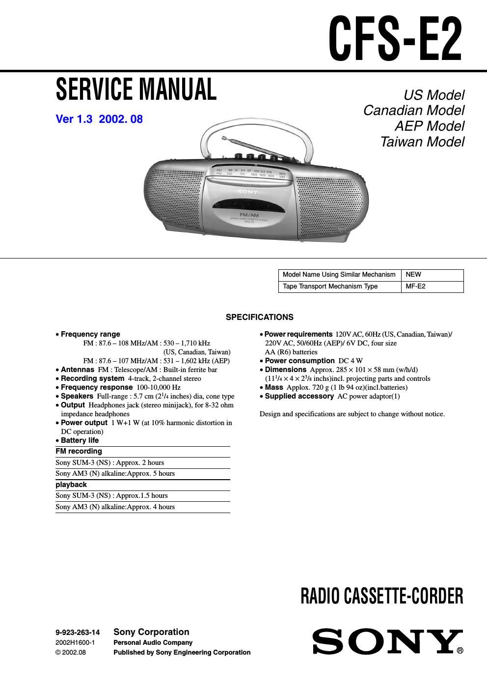 sony cfs e 2 service manual