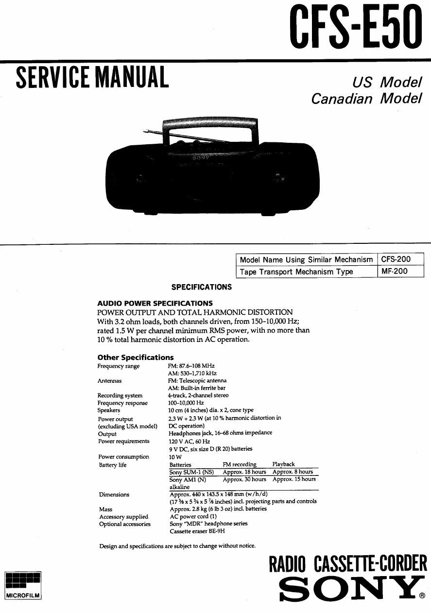 sony cfs e 50 service manual