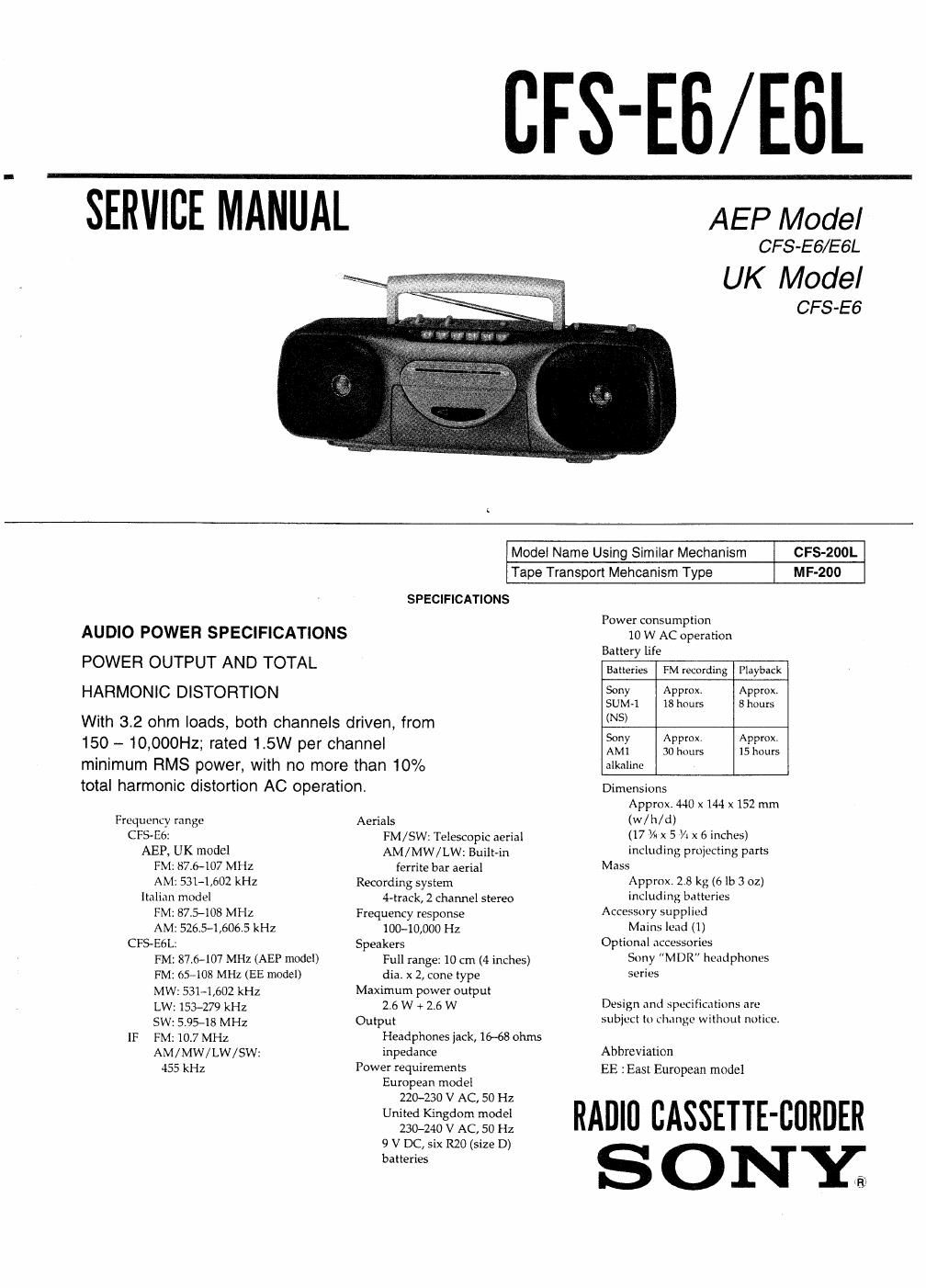 sony cfs e 6 service manual