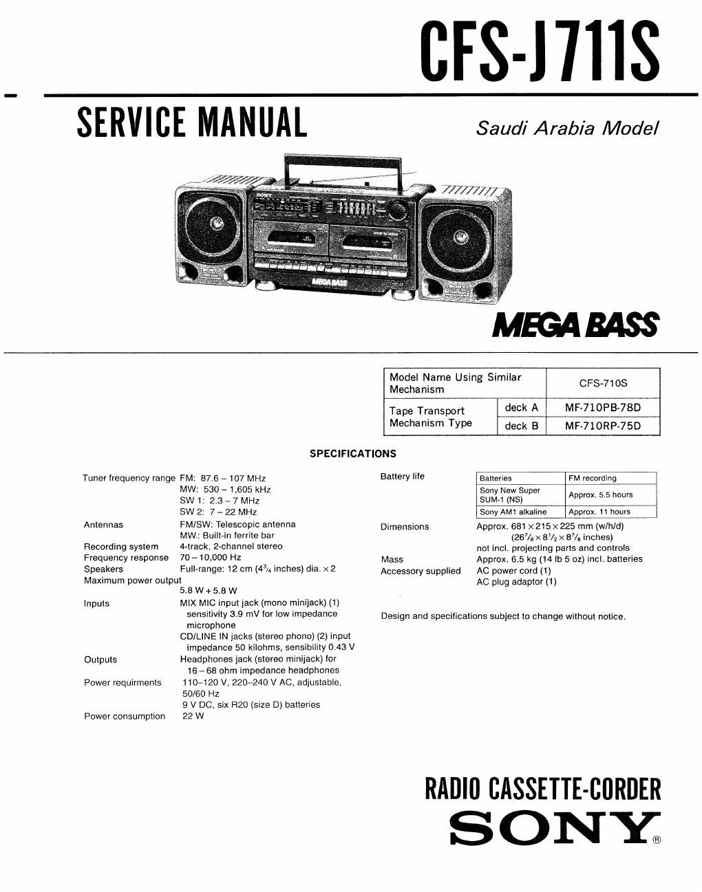 sony cfs j 711 s service manual