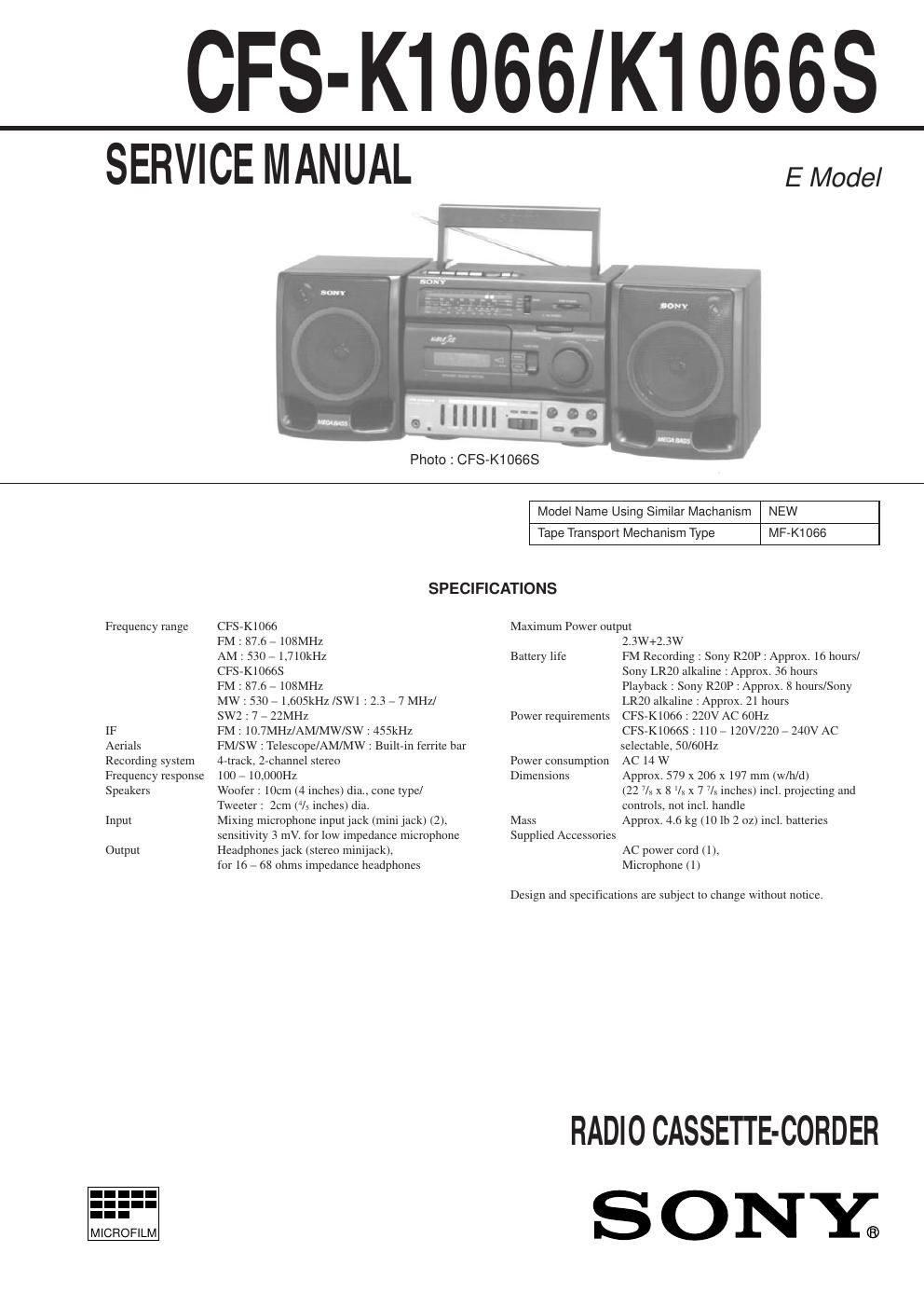 sony cfs k 1066 s service manual