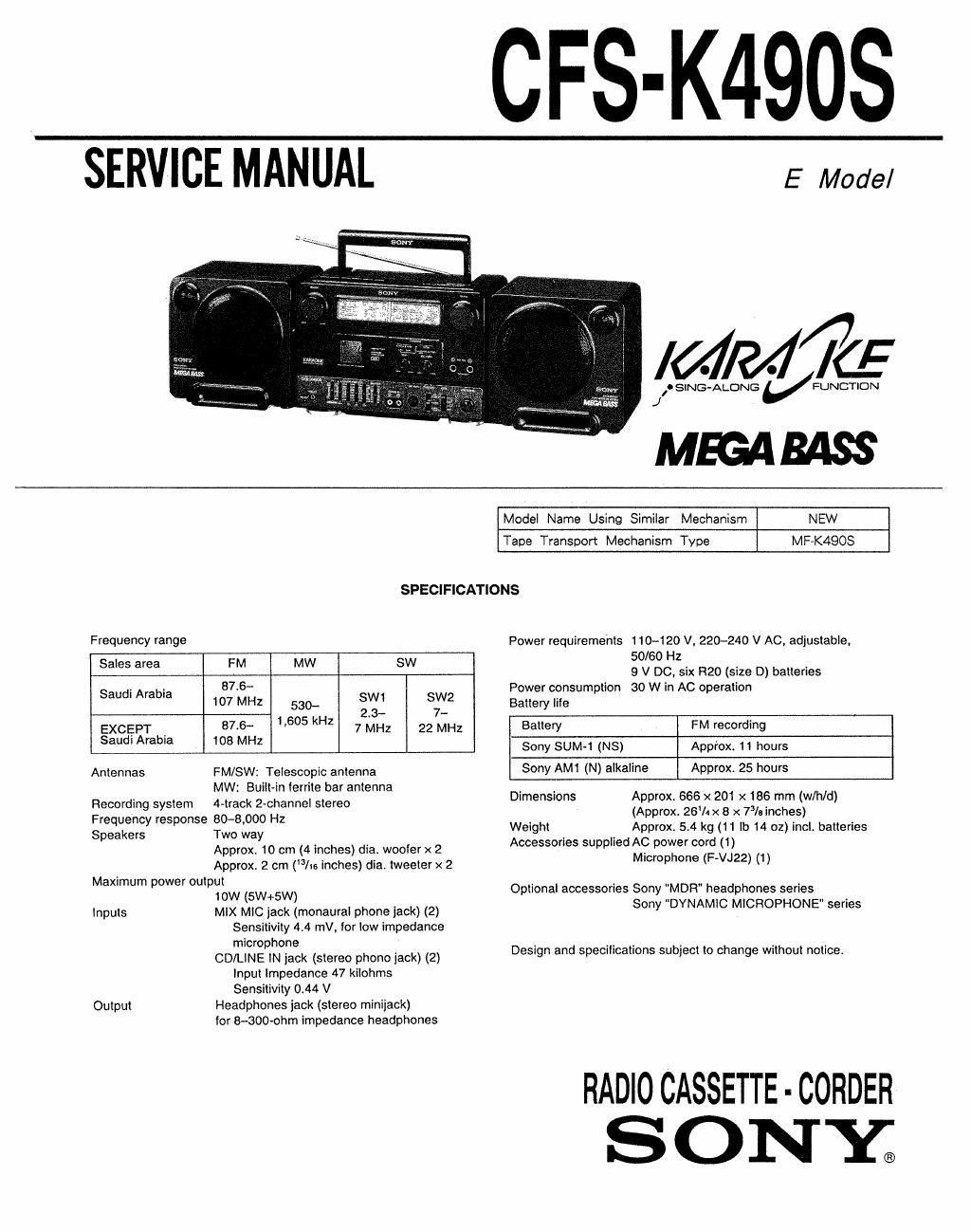 sony cfs k 490 s service manual