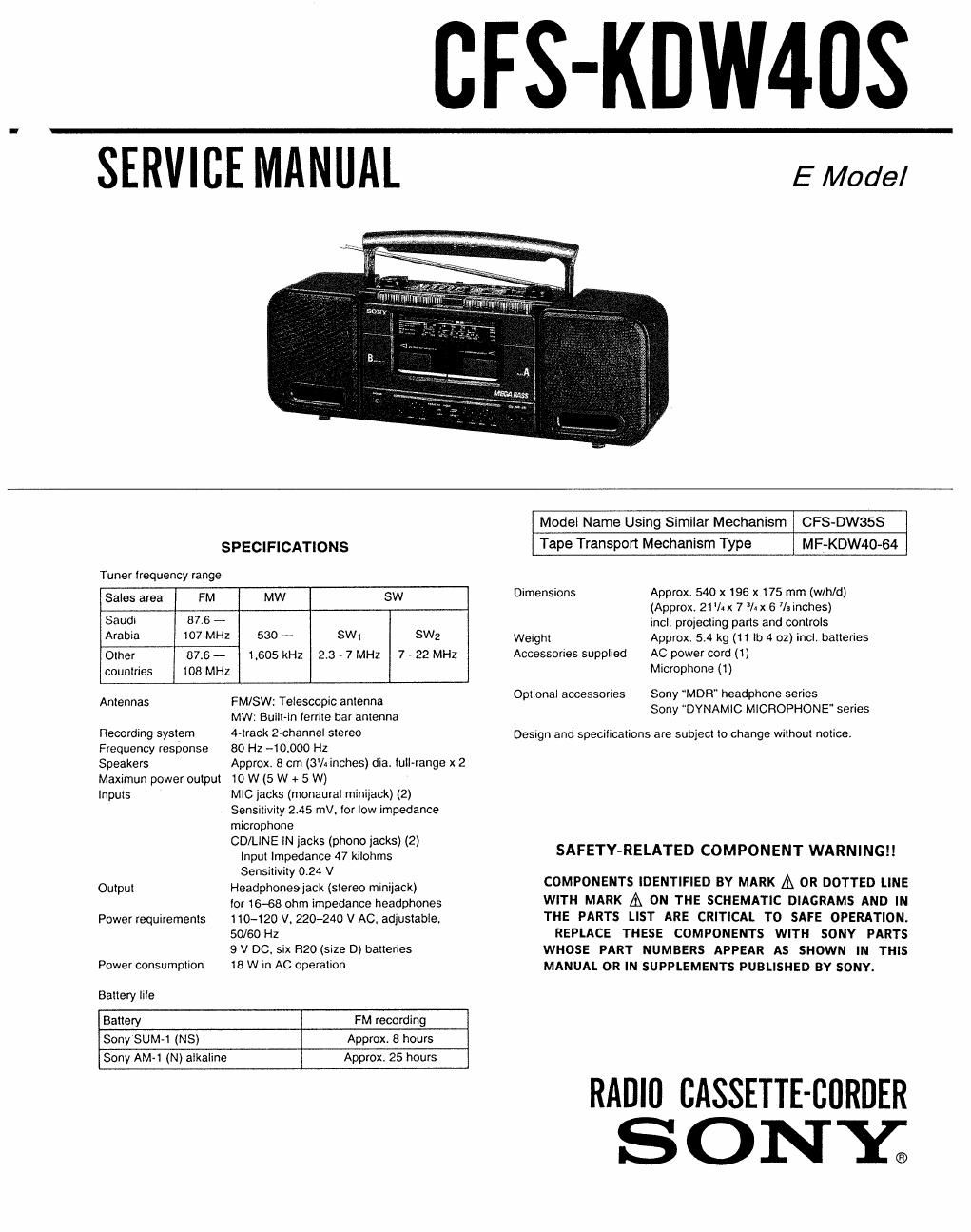 sony cfs kdw 40 s service manual