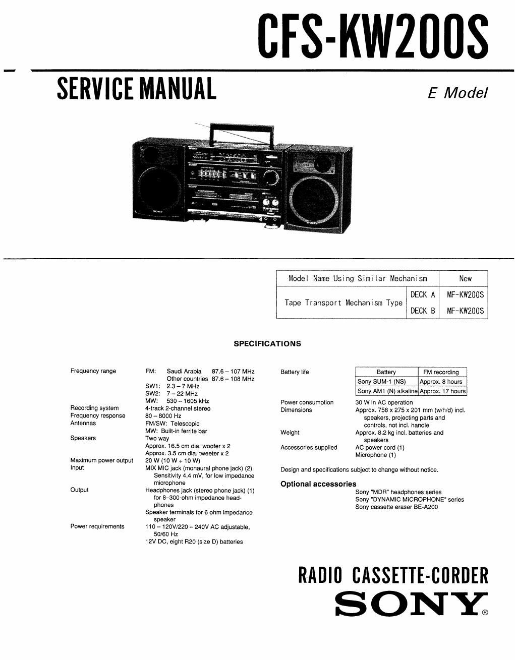 sony cfs kw 200 s service manual