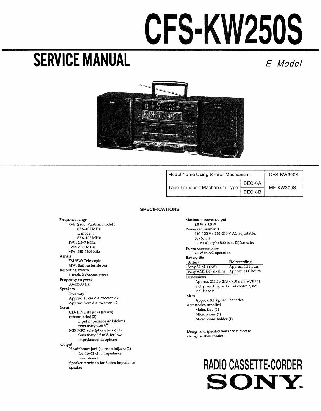 sony cfs kw 250 s service manual