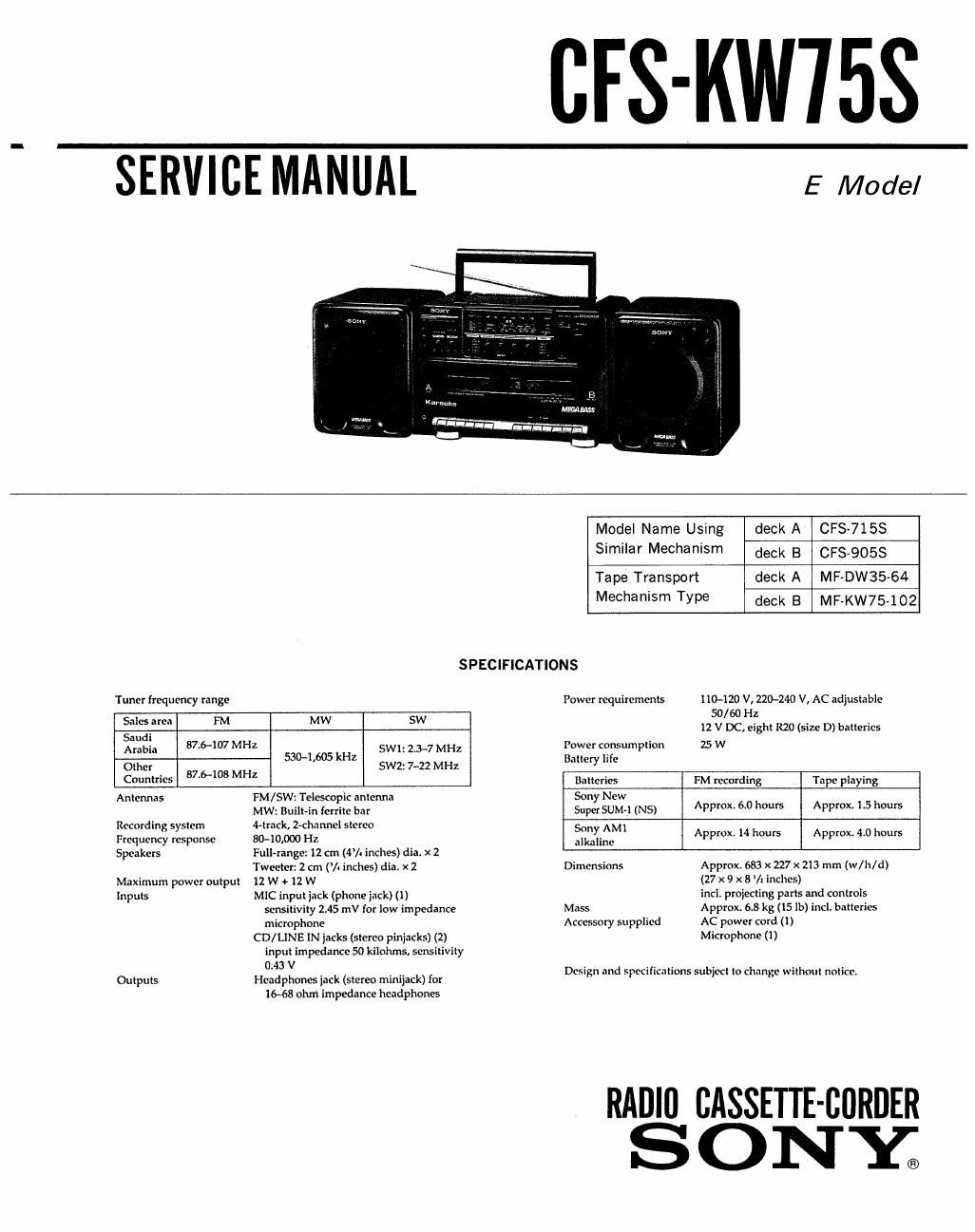 sony cfs kw 75 s service manual