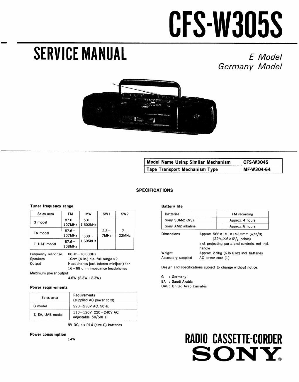 sony cfs w 30 5 s service manual
