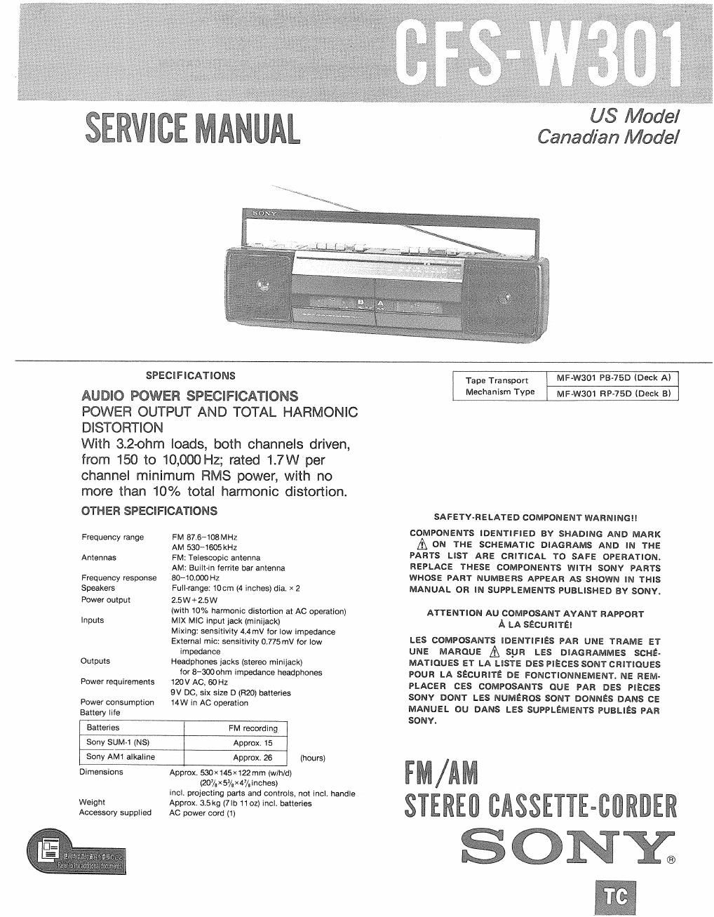 sony cfs w 301 service manual