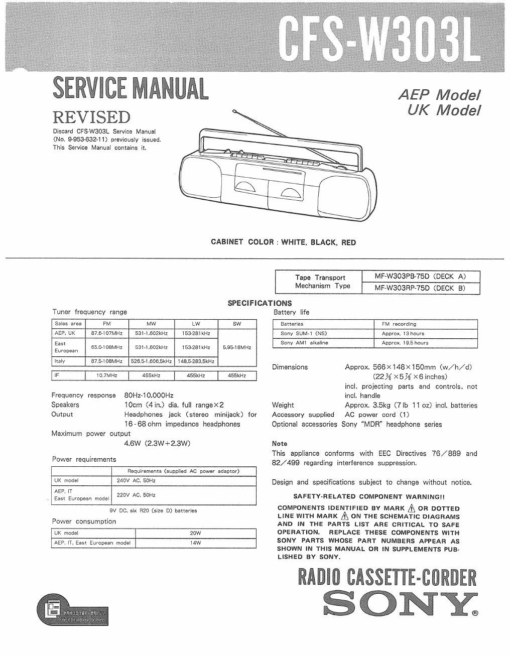 sony cfs w 303 l service manual