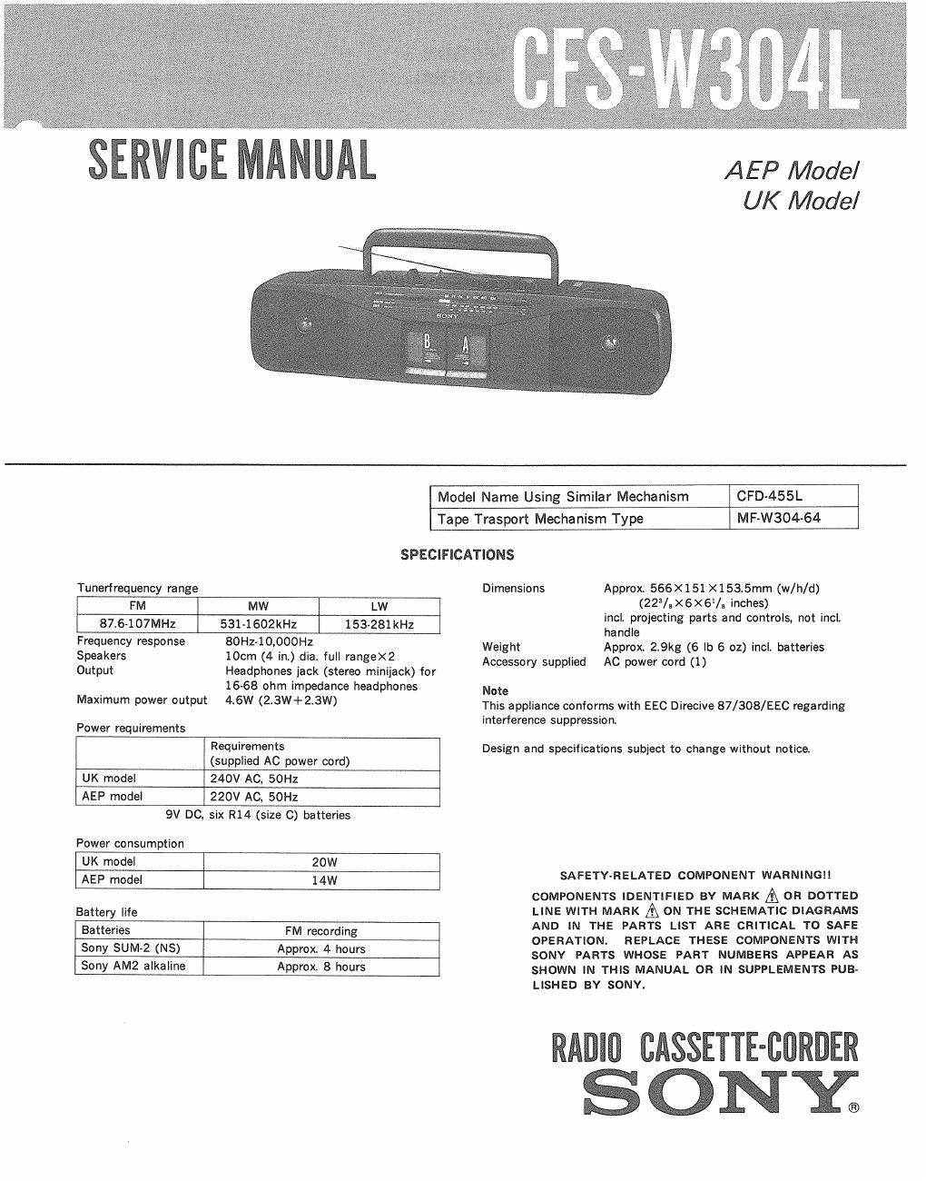 sony cfs w 304 l service manual