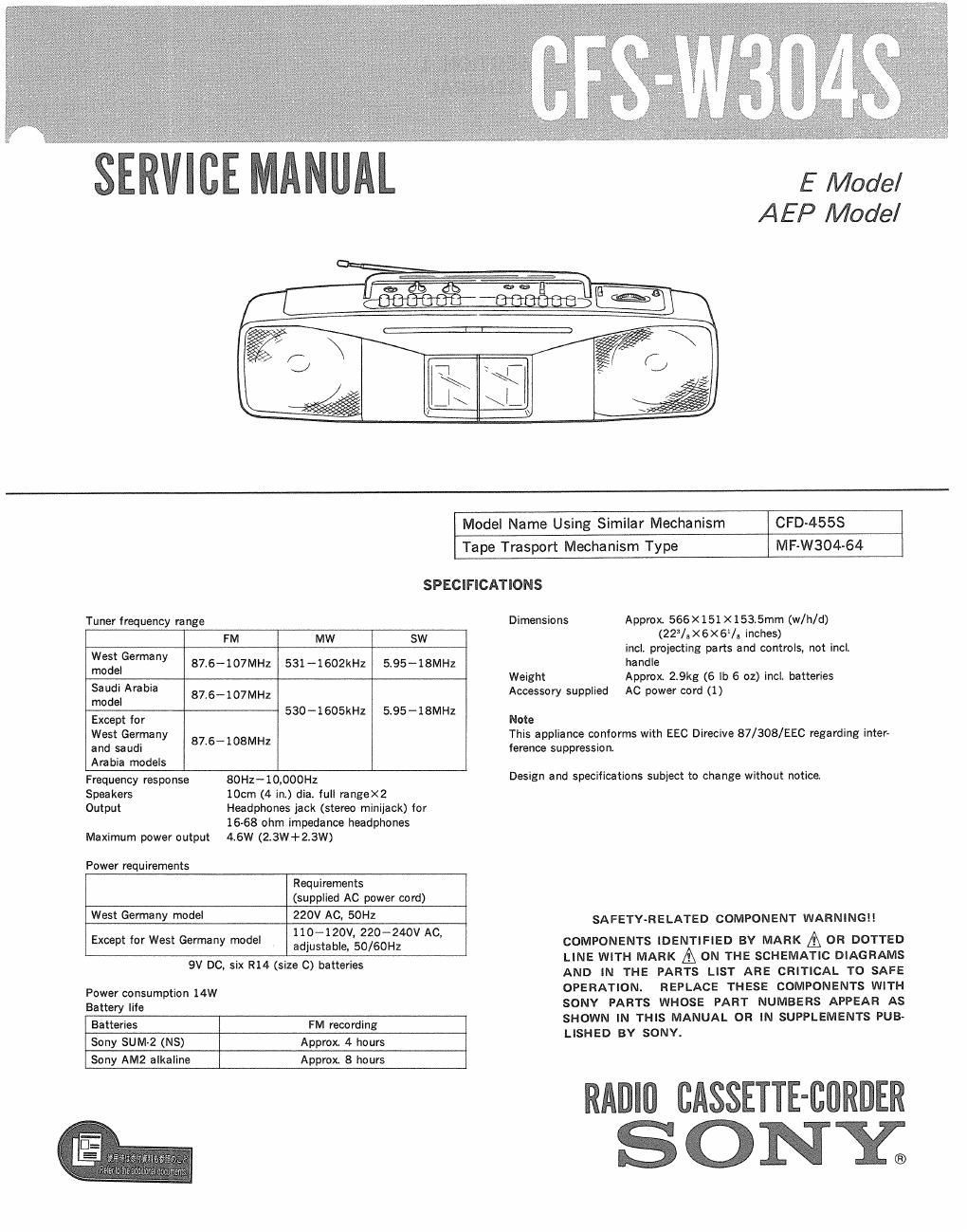 sony cfs w 304 s service manual
