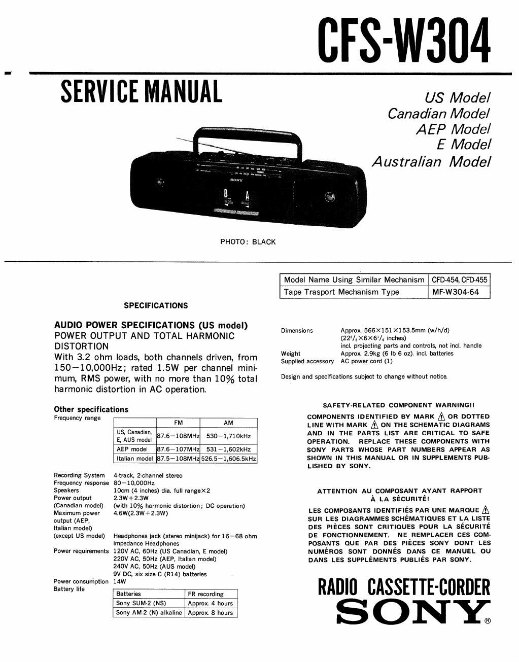 sony cfs w 304 service manual