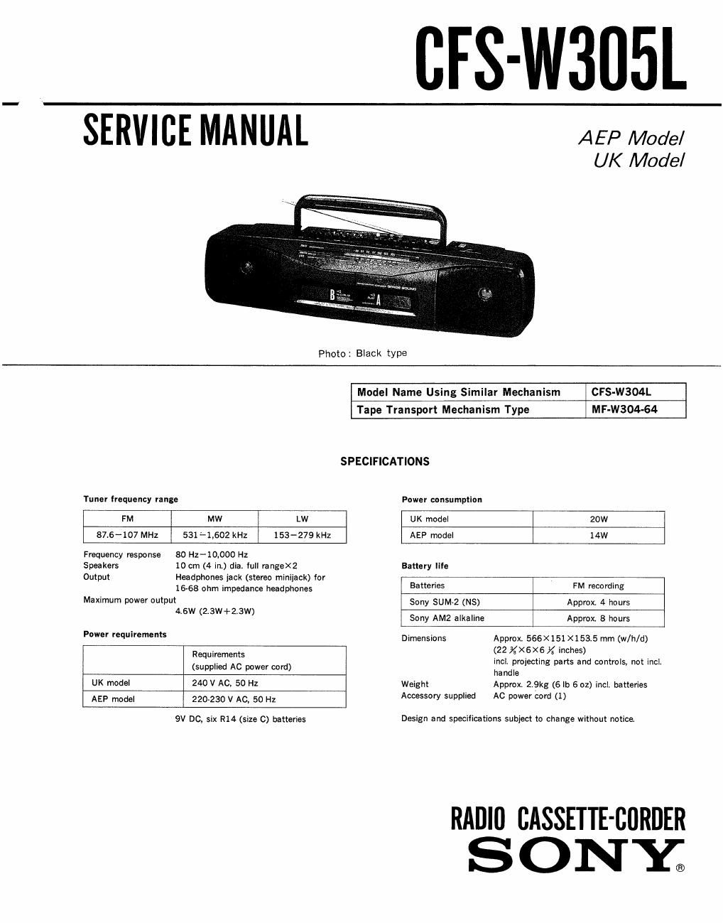 sony cfs w 305 l service manual
