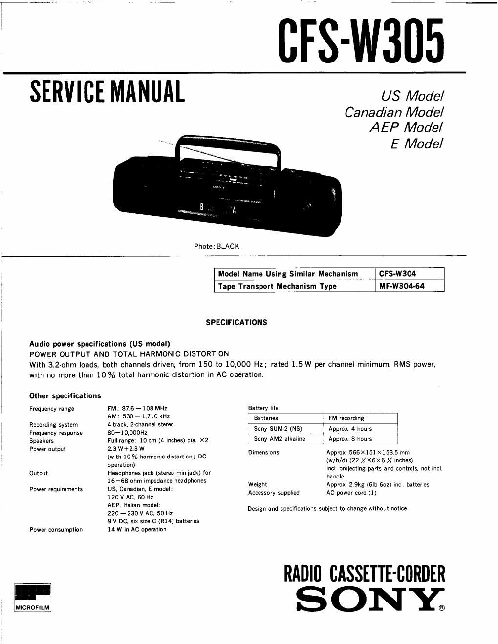 sony cfs w 305 service manual