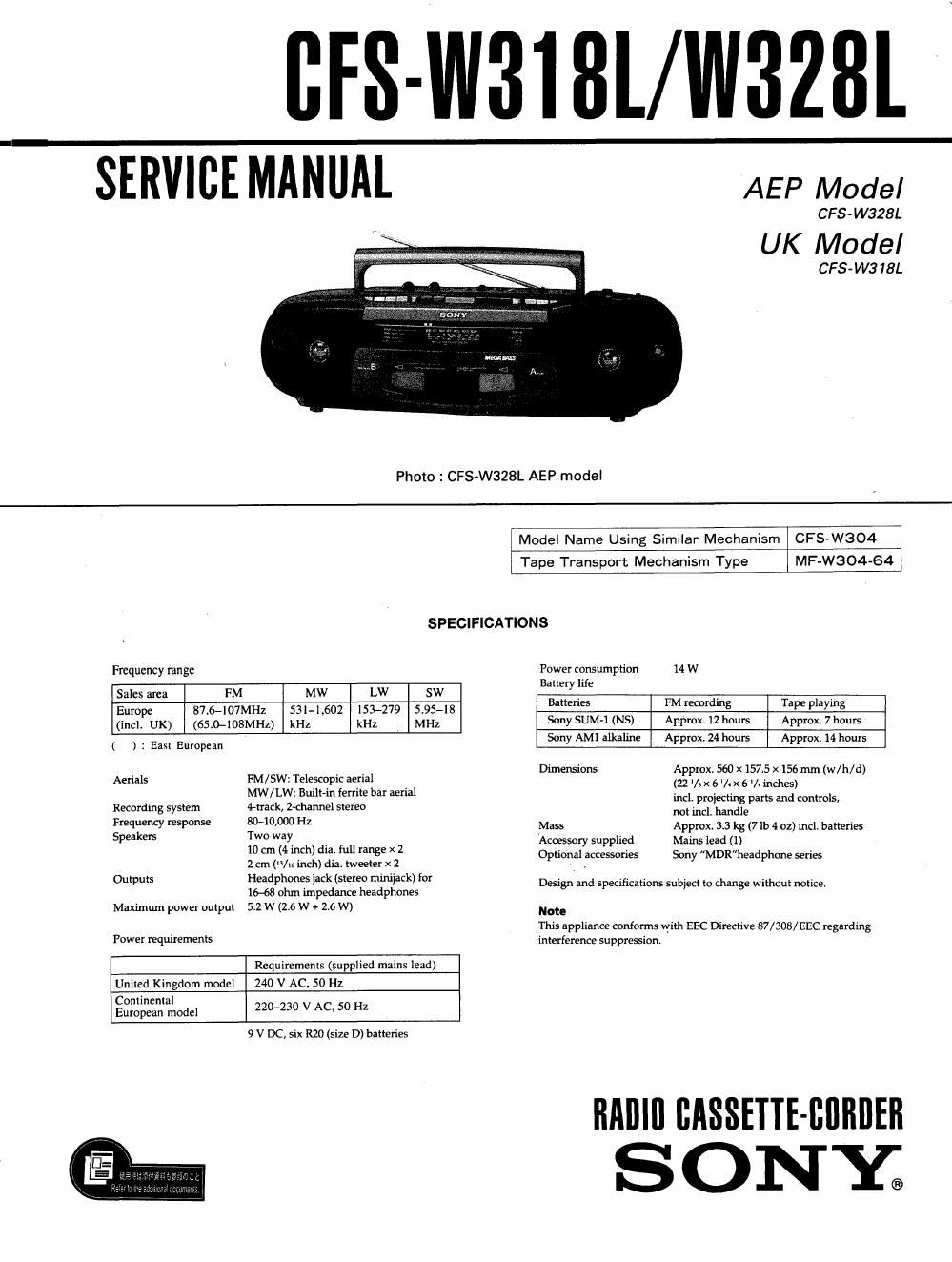 sony cfs w 318 l service manual