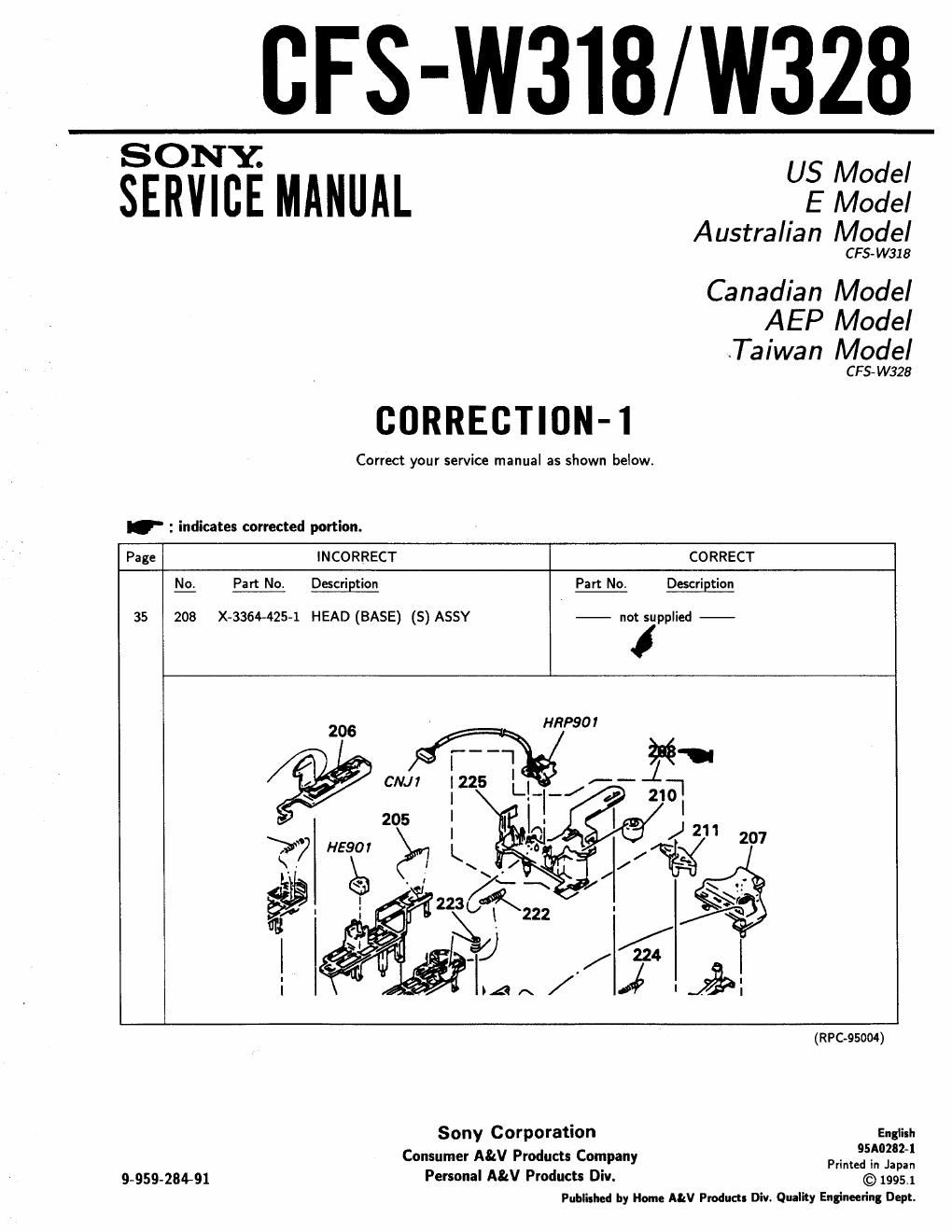 sony cfs w 318 service manual
