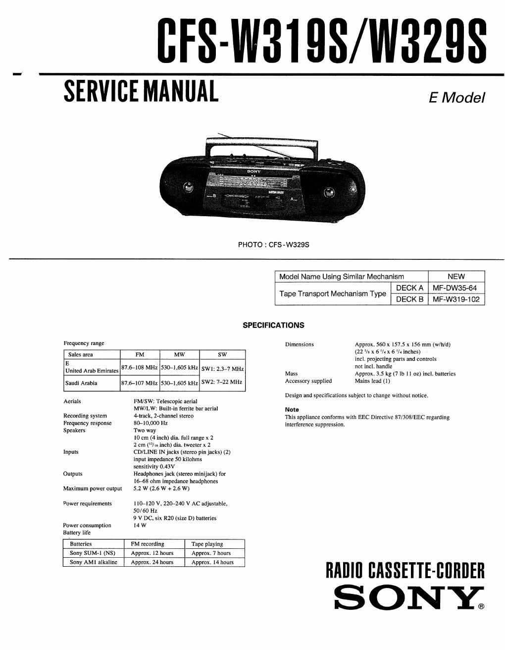 sony cfs w 319 s service manual