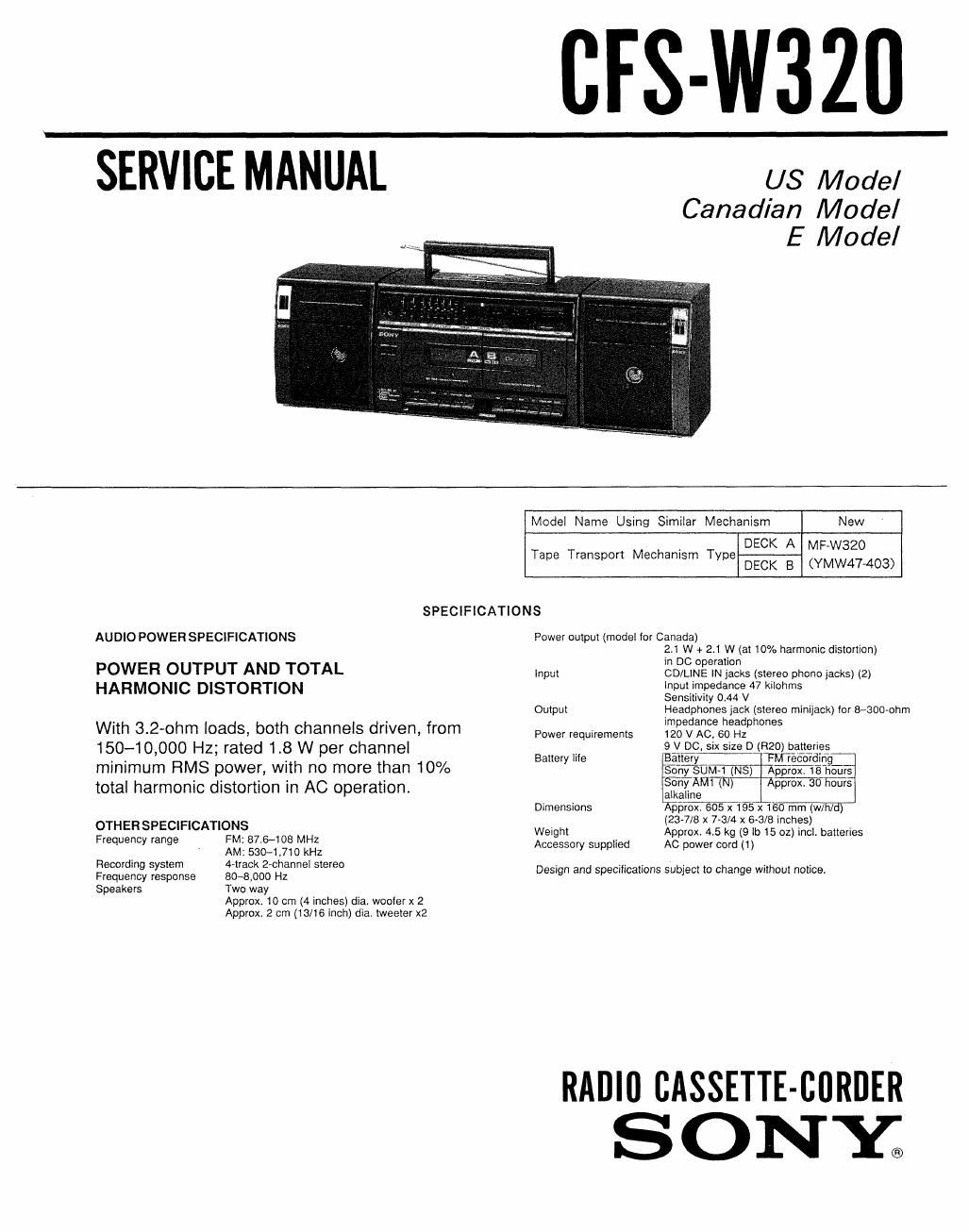 sony cfs w 320 service manual