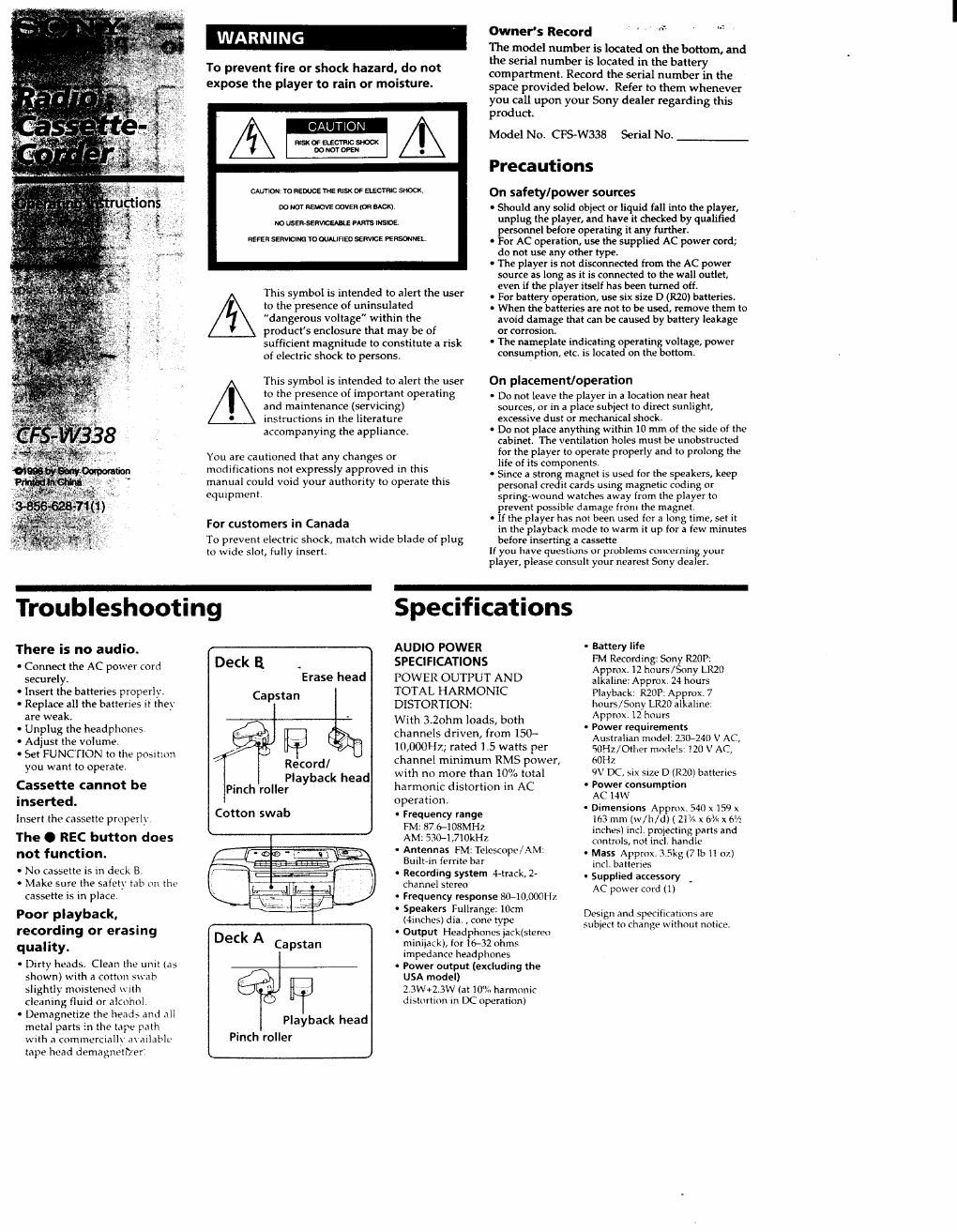 sony cfs w 338 owners manual