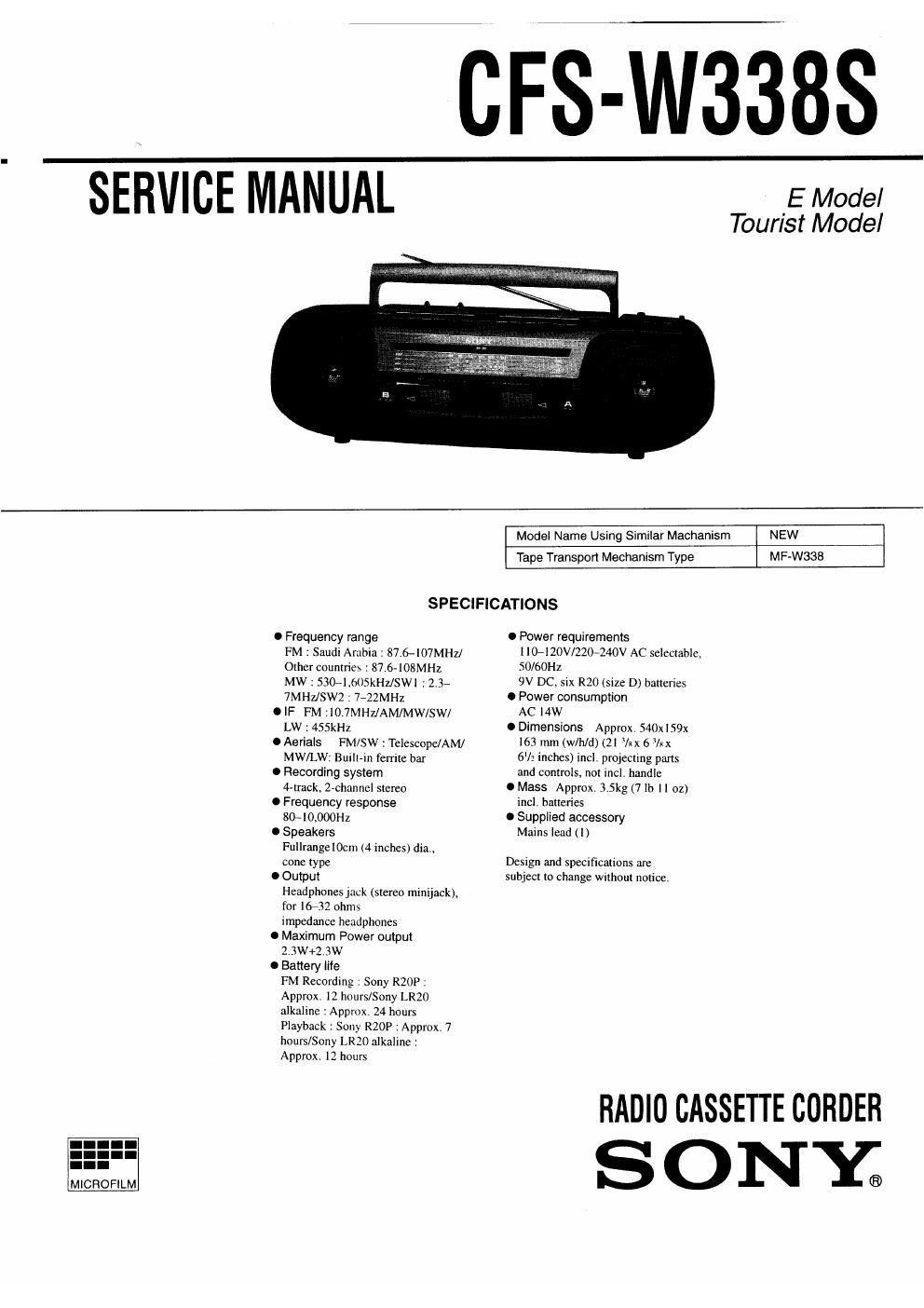 sony cfs w 338 s service manual