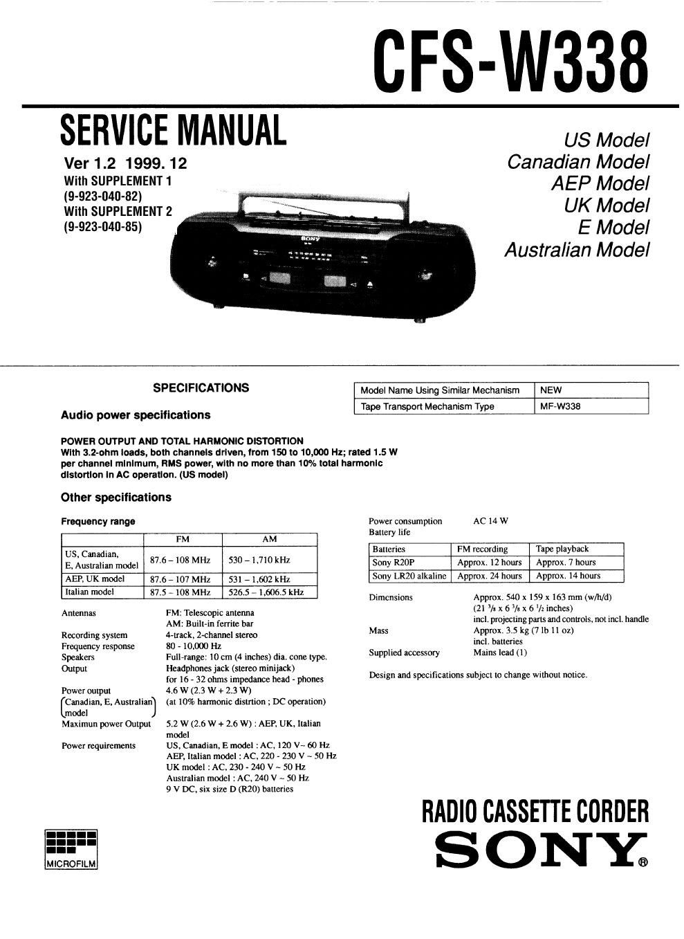 sony cfs w 338 service manual