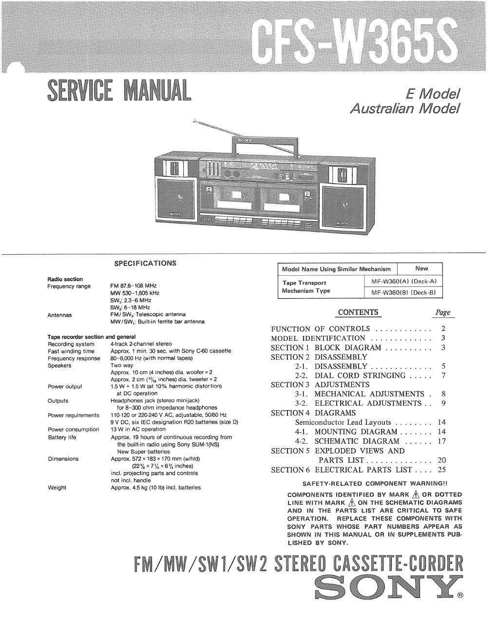 sony cfs w 365 s service manual