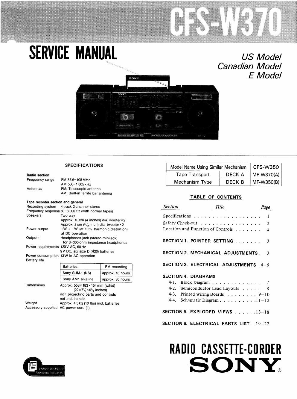 sony cfs w 370 service manual