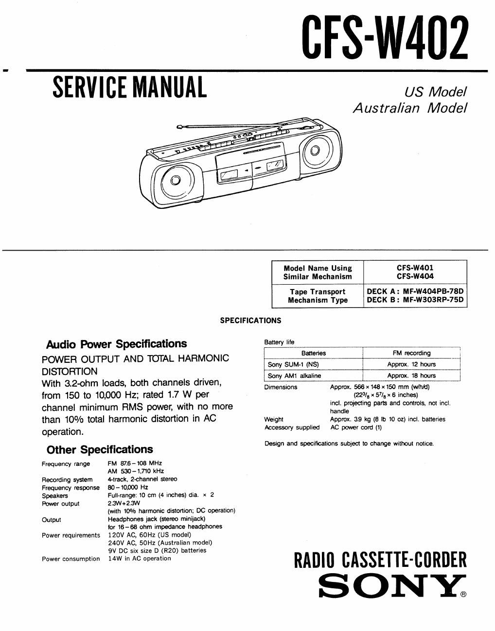 sony cfs w 402 service manual