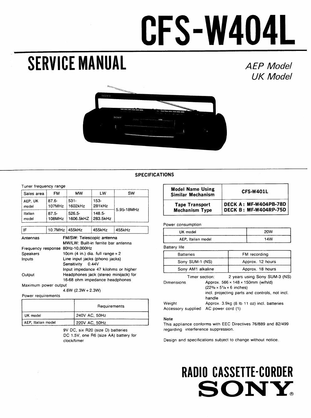 sony cfs w 404 l service manual