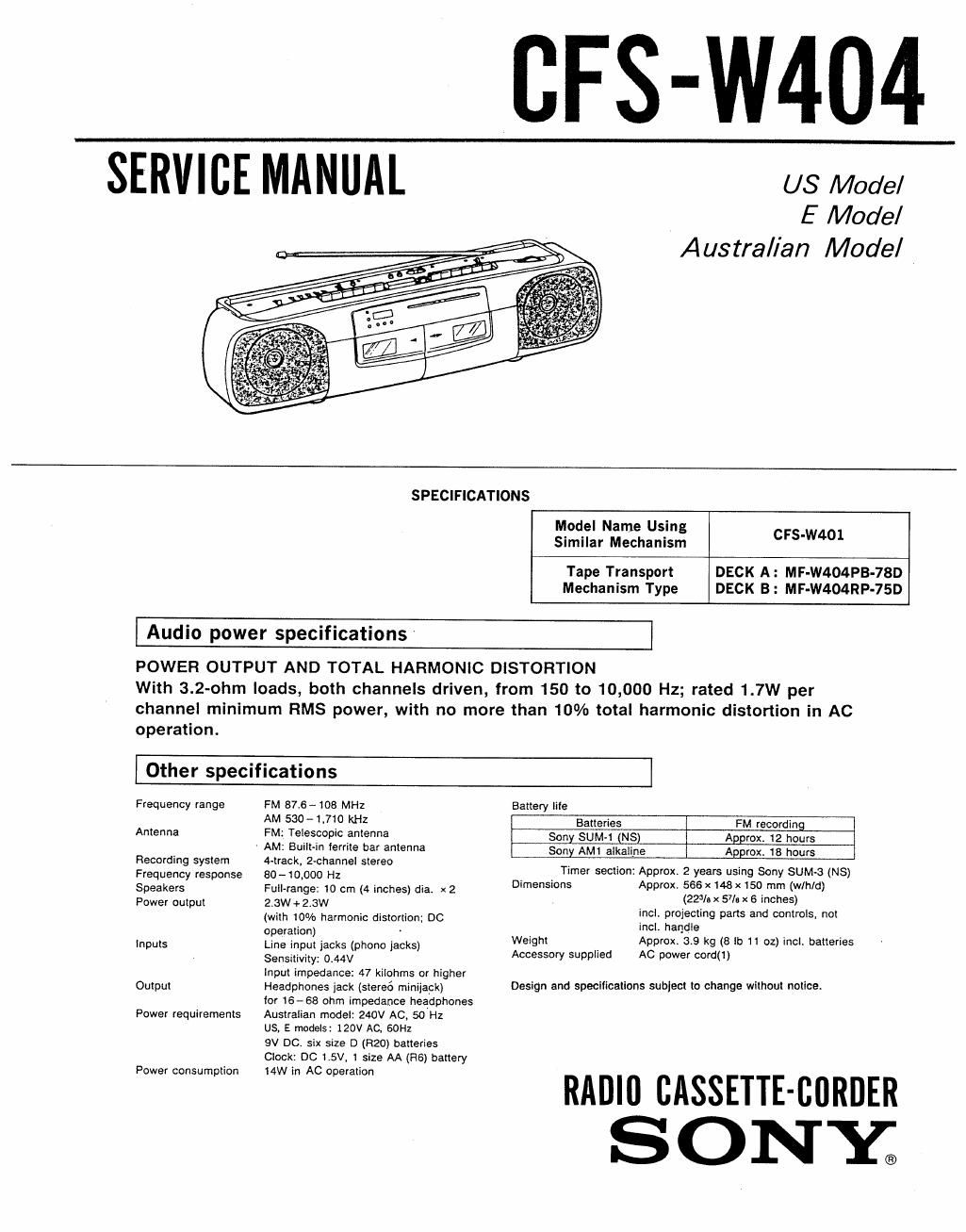 sony cfs w 404 service manual