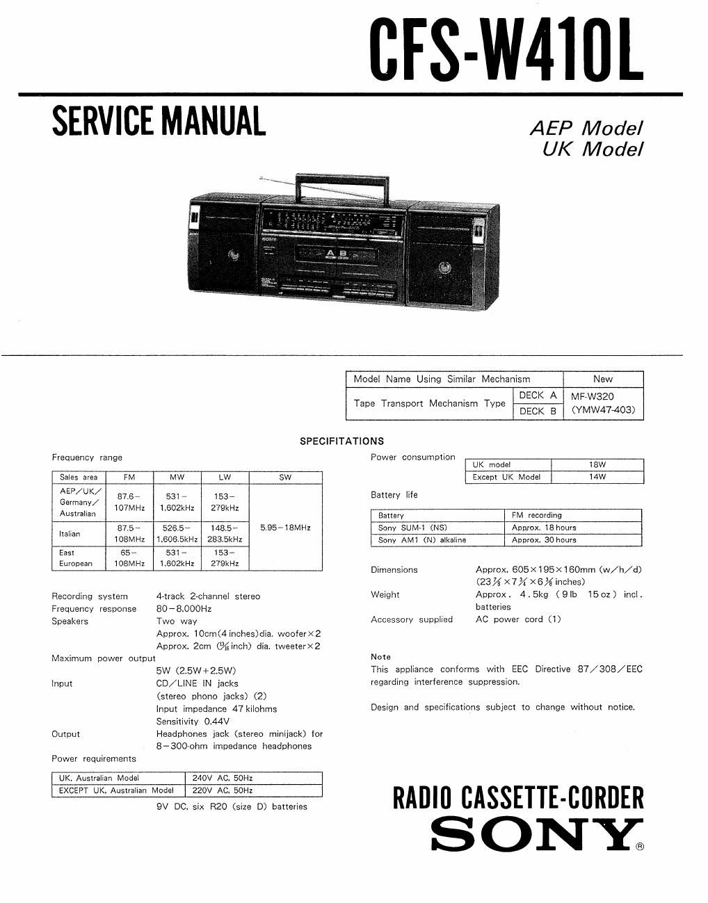 sony cfs w 410 l service manual