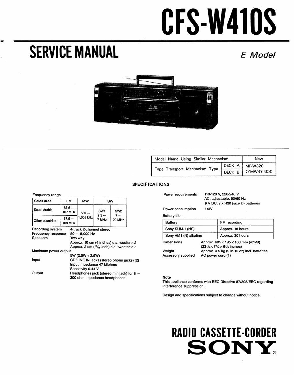 sony cfs w 410 s service manual