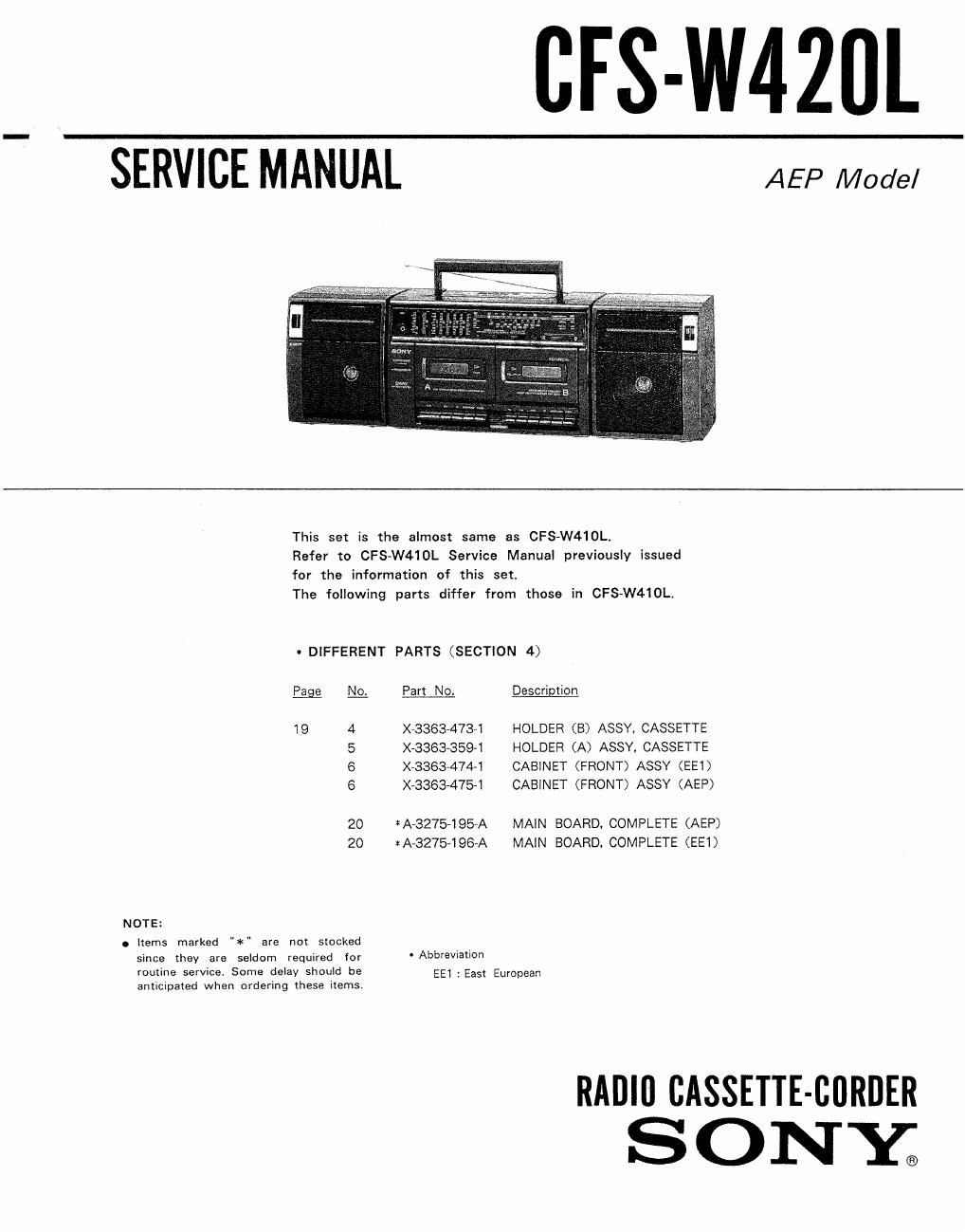 sony cfs w 420 l service manual