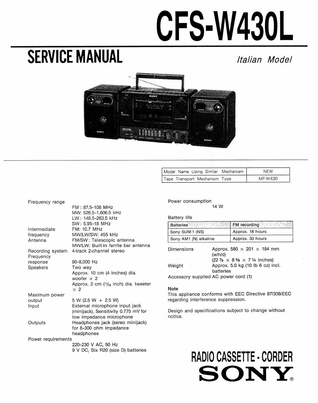 sony cfs w 430 l service manual