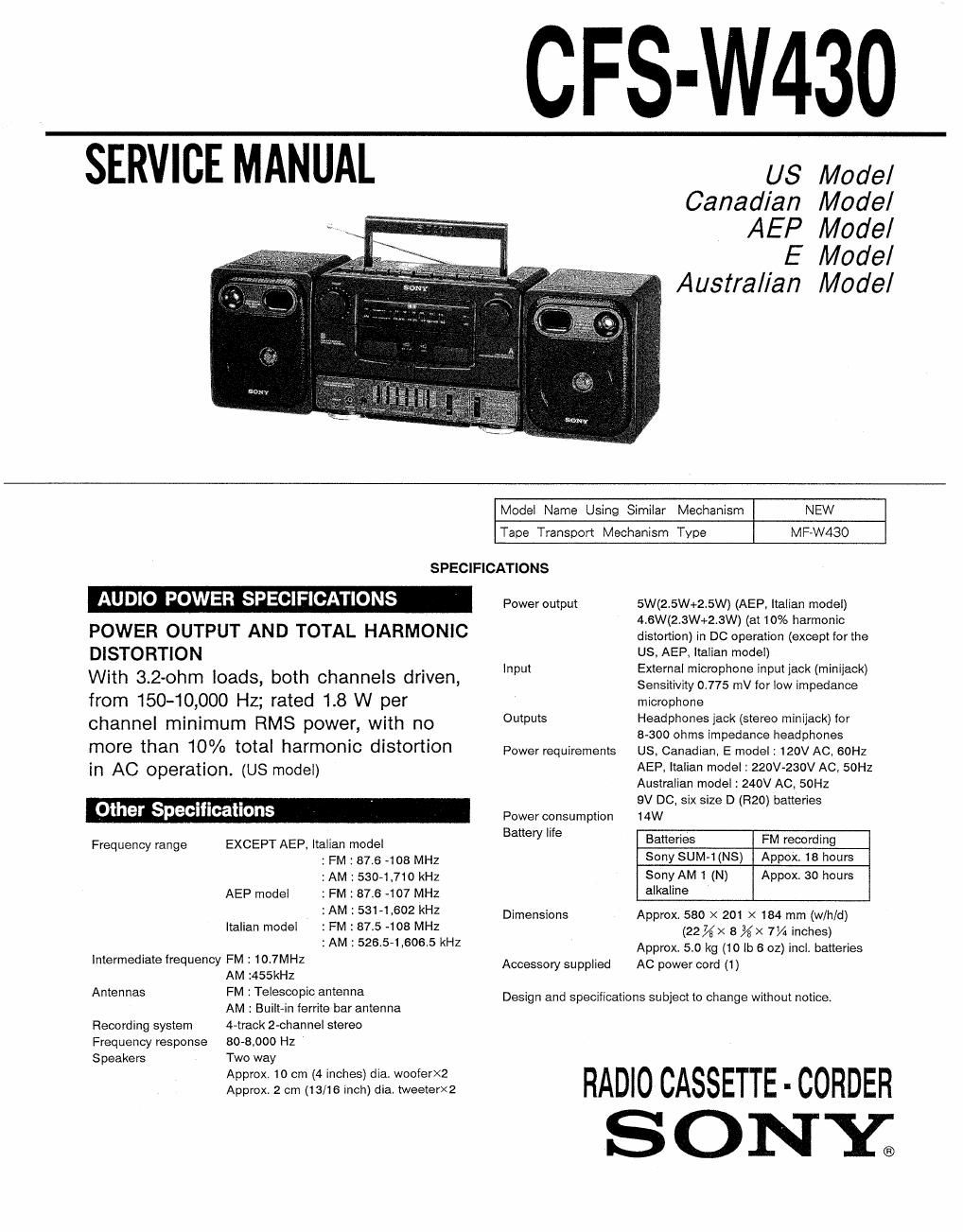 sony cfs w 430 service manual