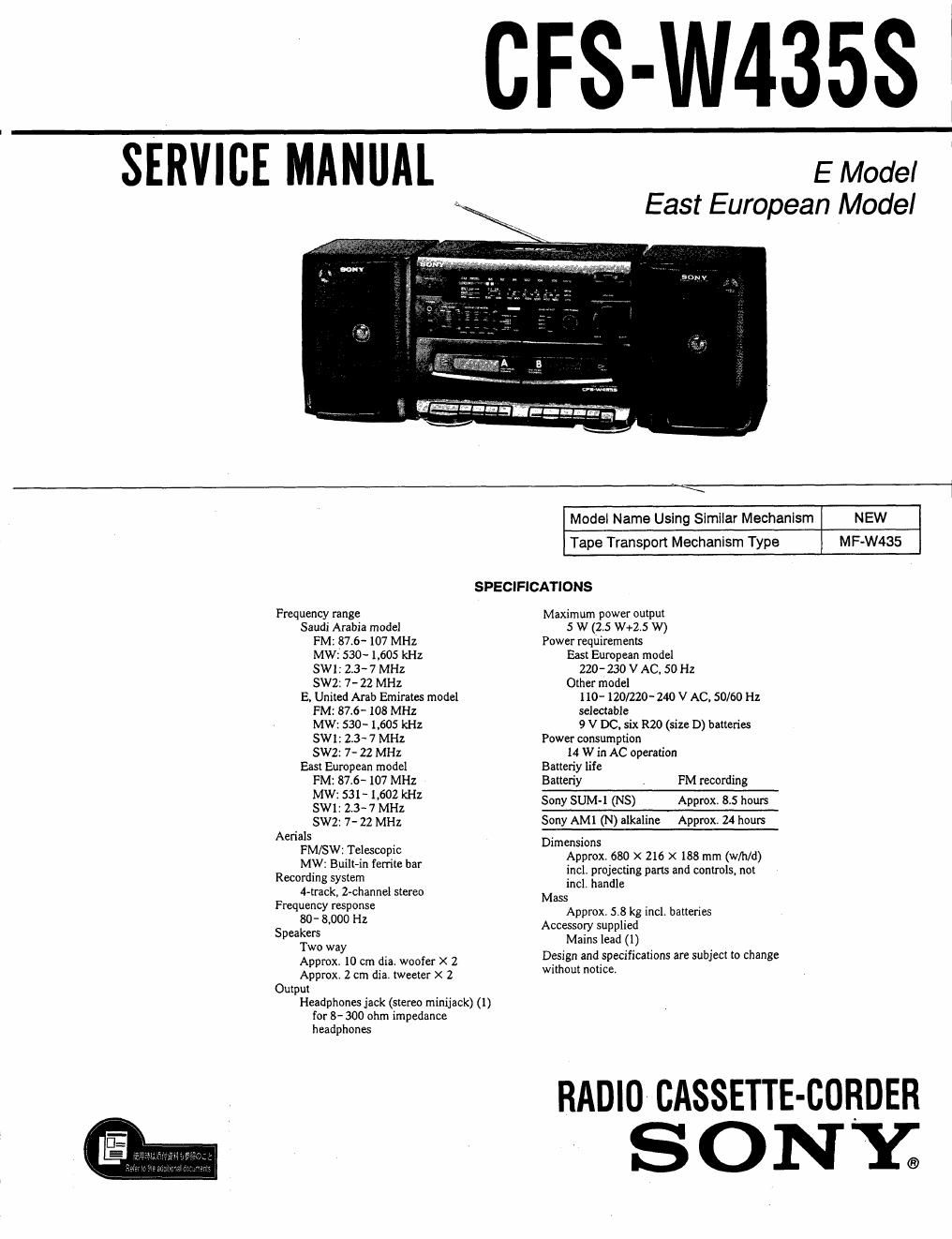 sony cfs w 435 s service manual