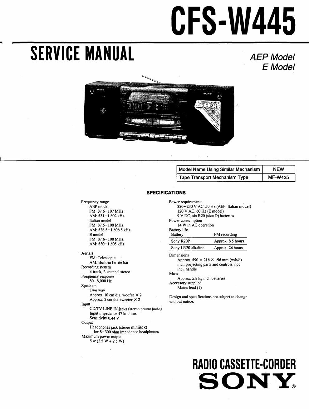 sony cfs w 445 service manual