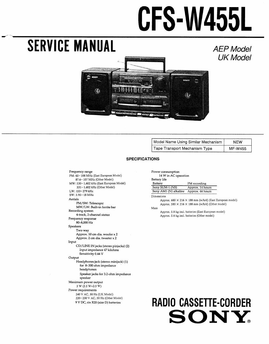 sony cfs w 455 l service manual