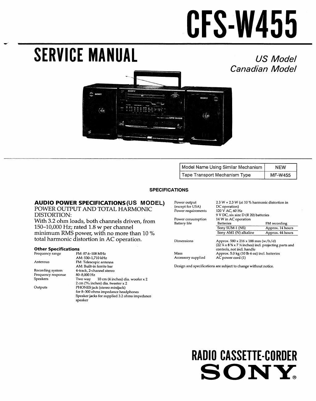 sony cfs w 455 service manual