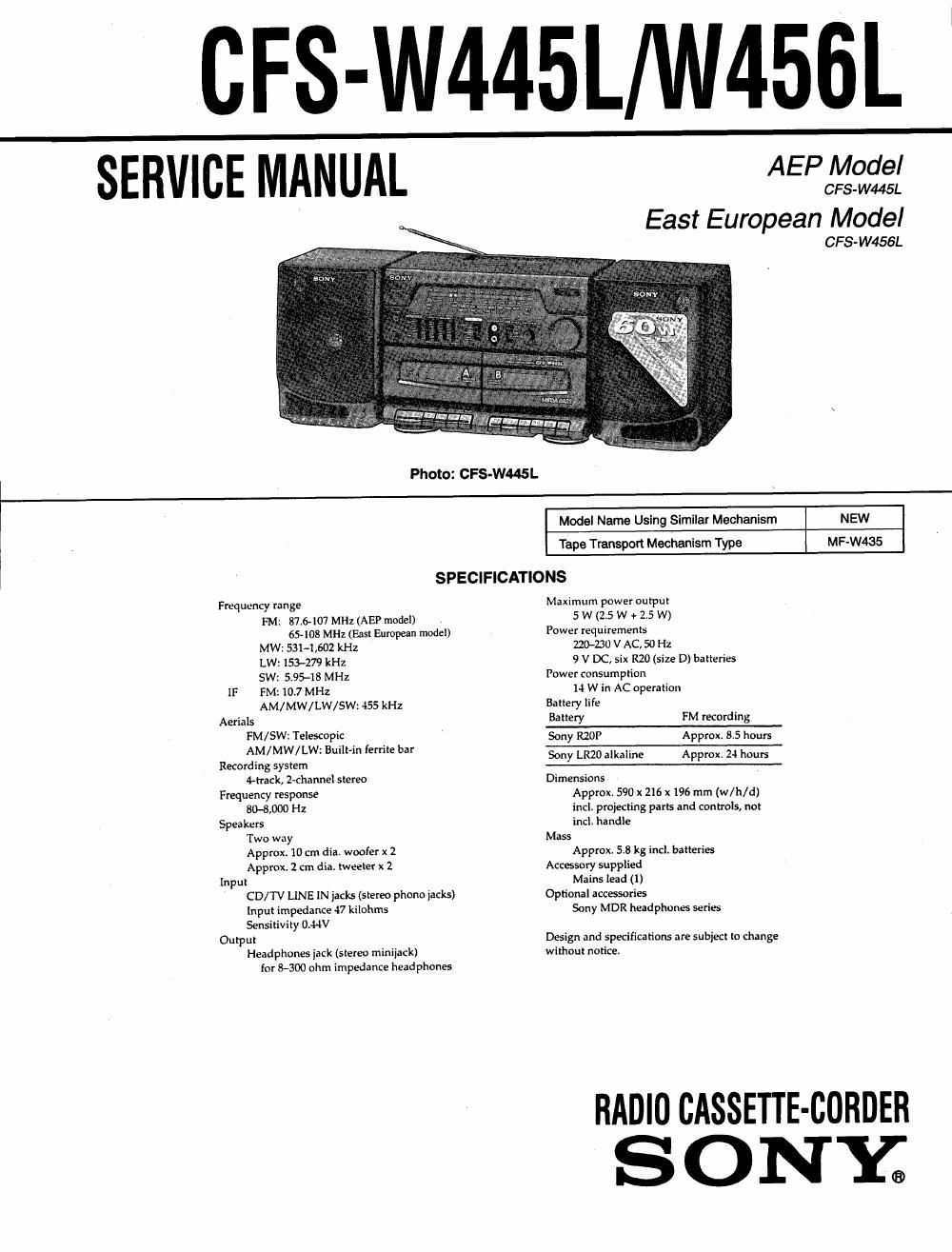 sony cfs w 456 l service manual