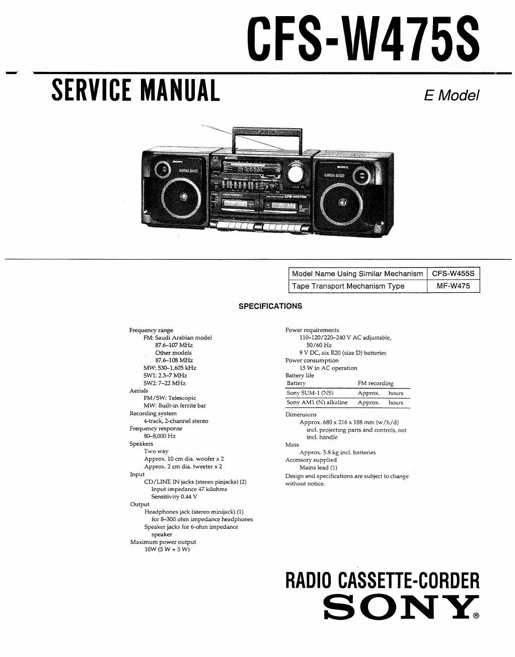 sony cfs w 475 s service manual