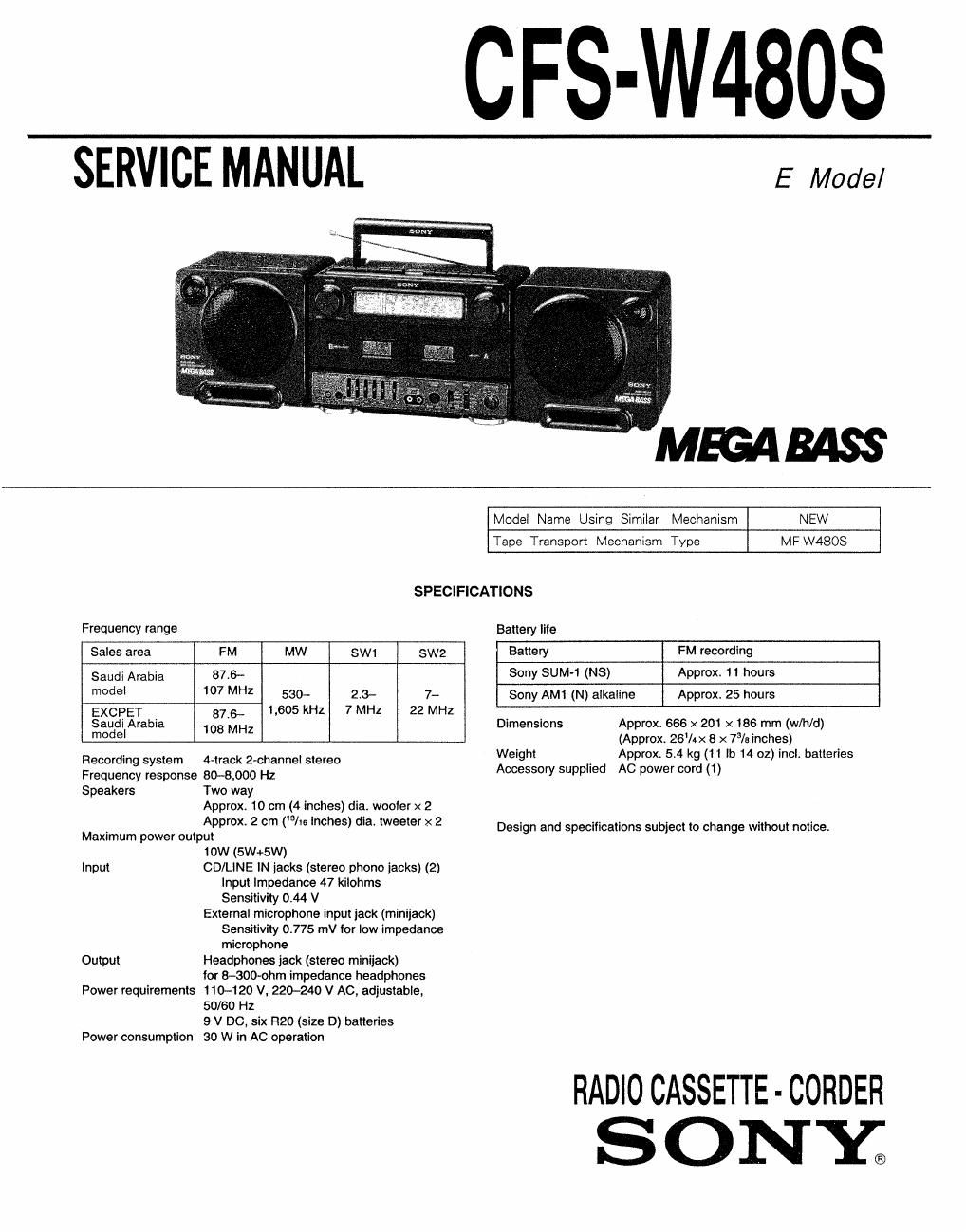 sony cfs w 480 s service manual