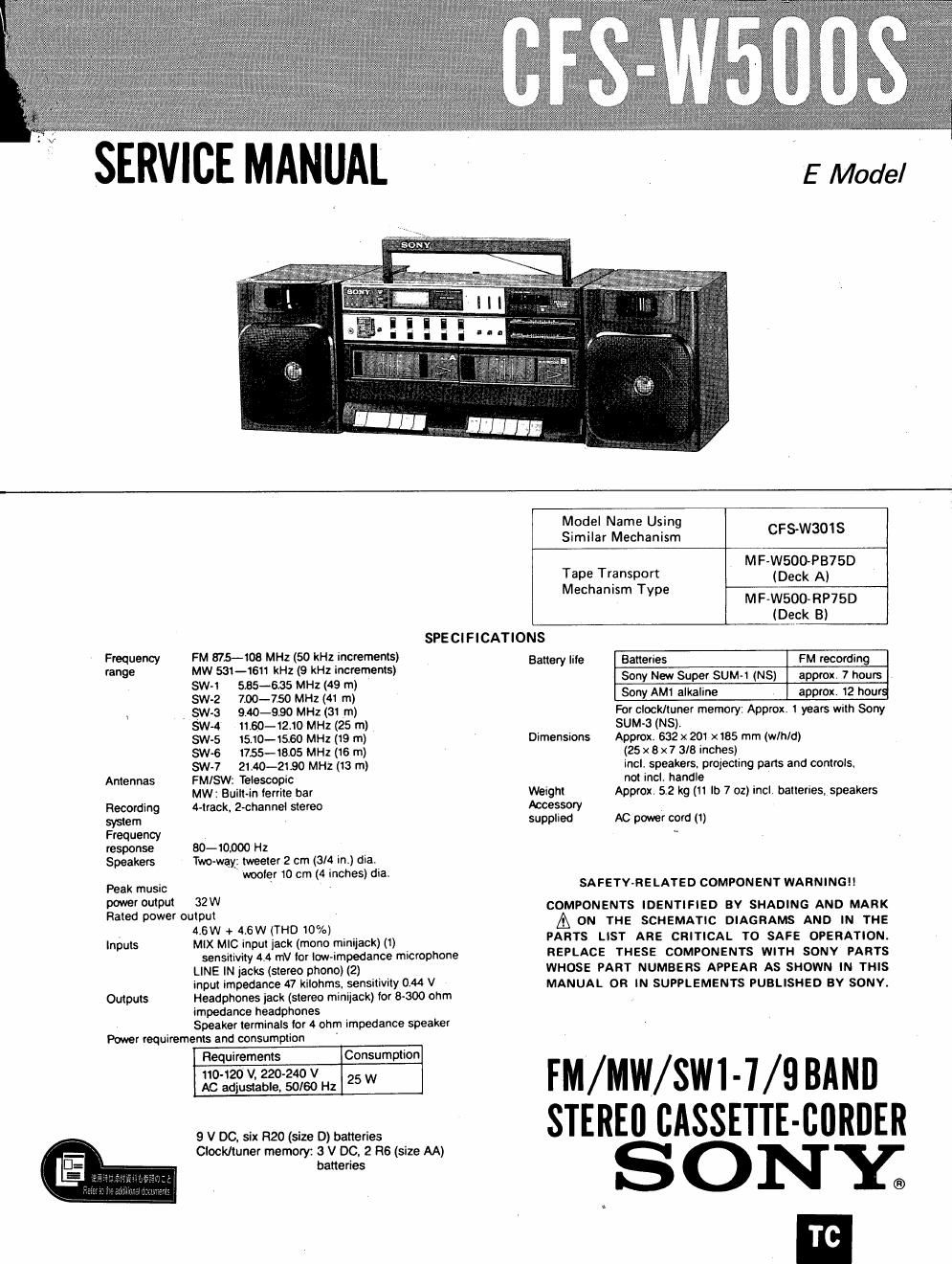 sony cfs w 500 s service manual
