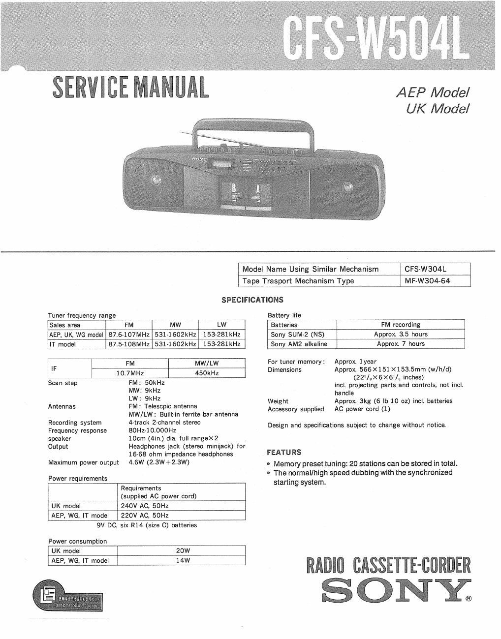 sony cfs w 504 l service manual