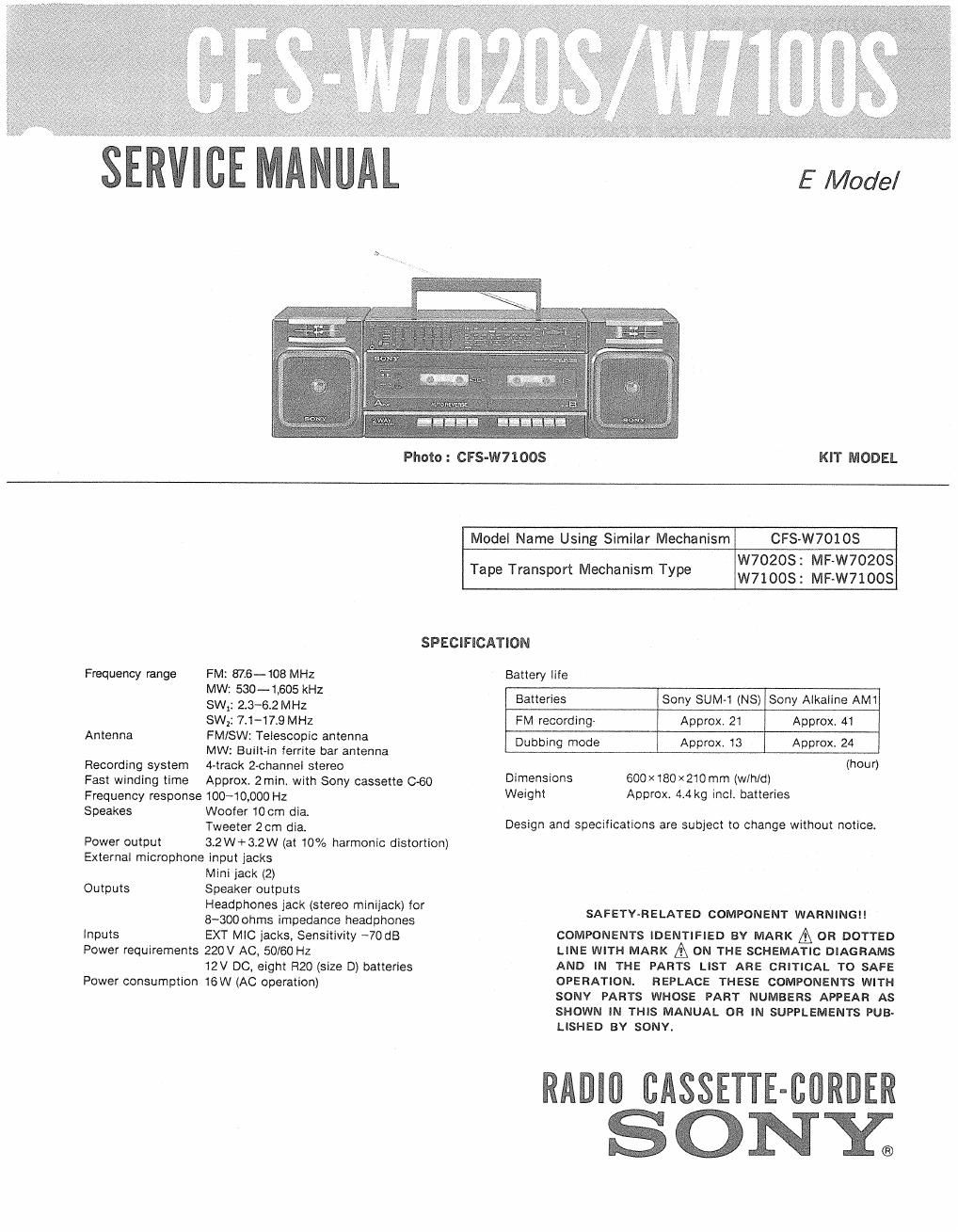 sony cfs w 7020 s service manual