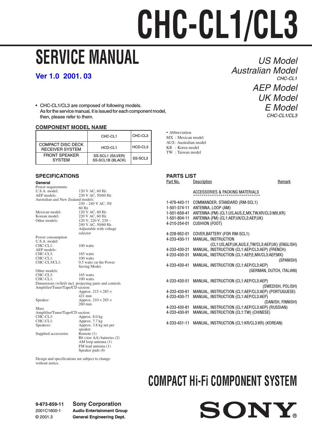 sony chc cl 3 service manual