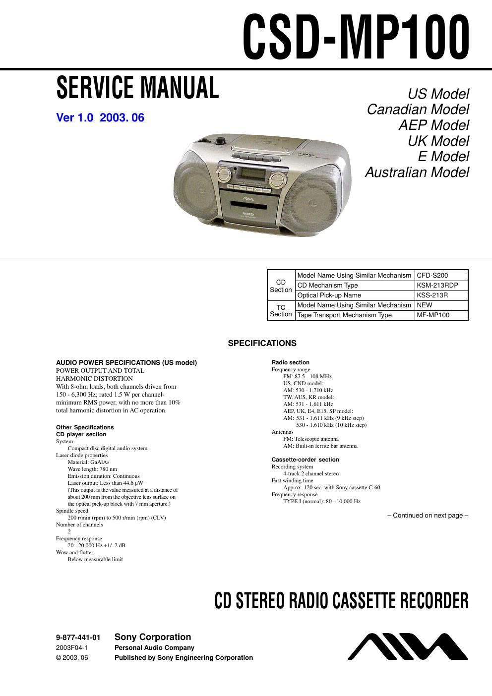 sony csd mp 100 service manual