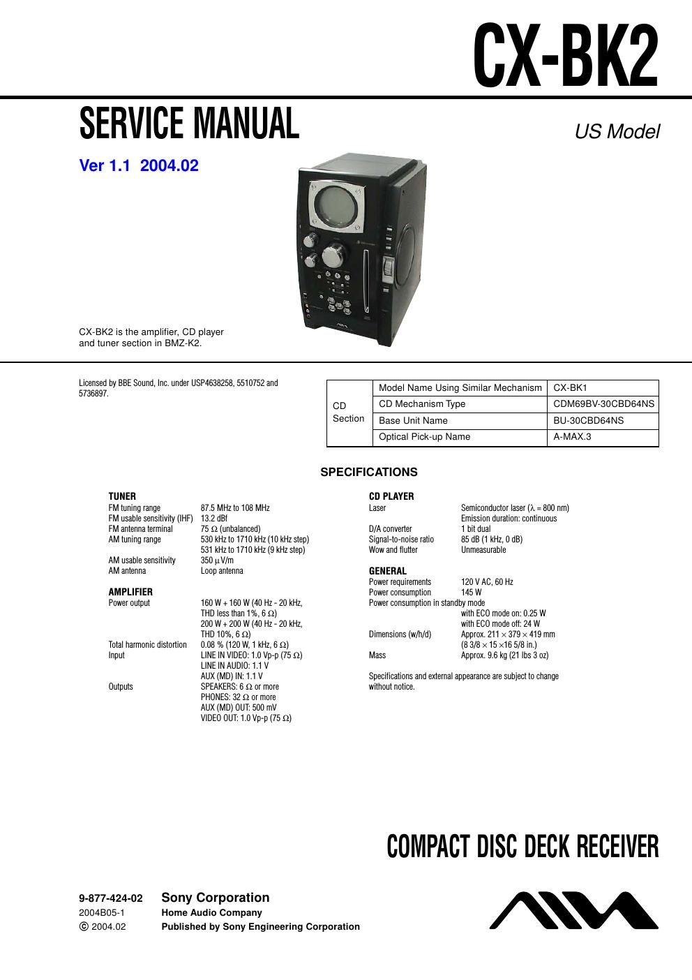 sony cx bk 2 service manual