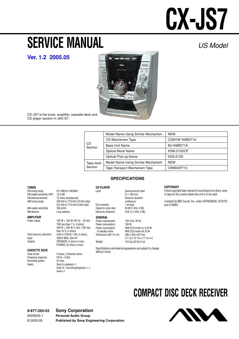 sony cx js 7 service manual